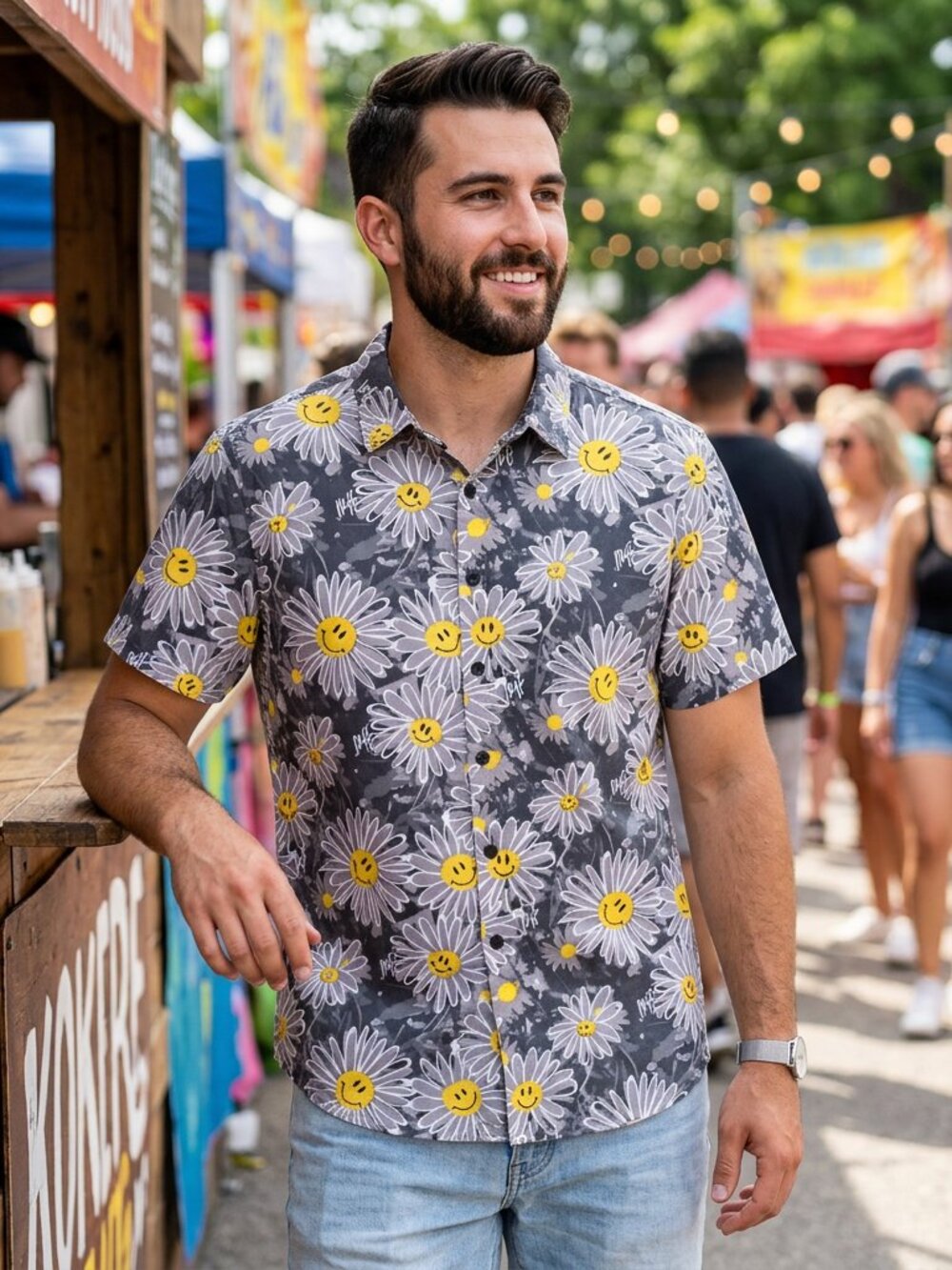 Neff Smiley Face Daisy Print Short Sleeve Shirt - Size Small
